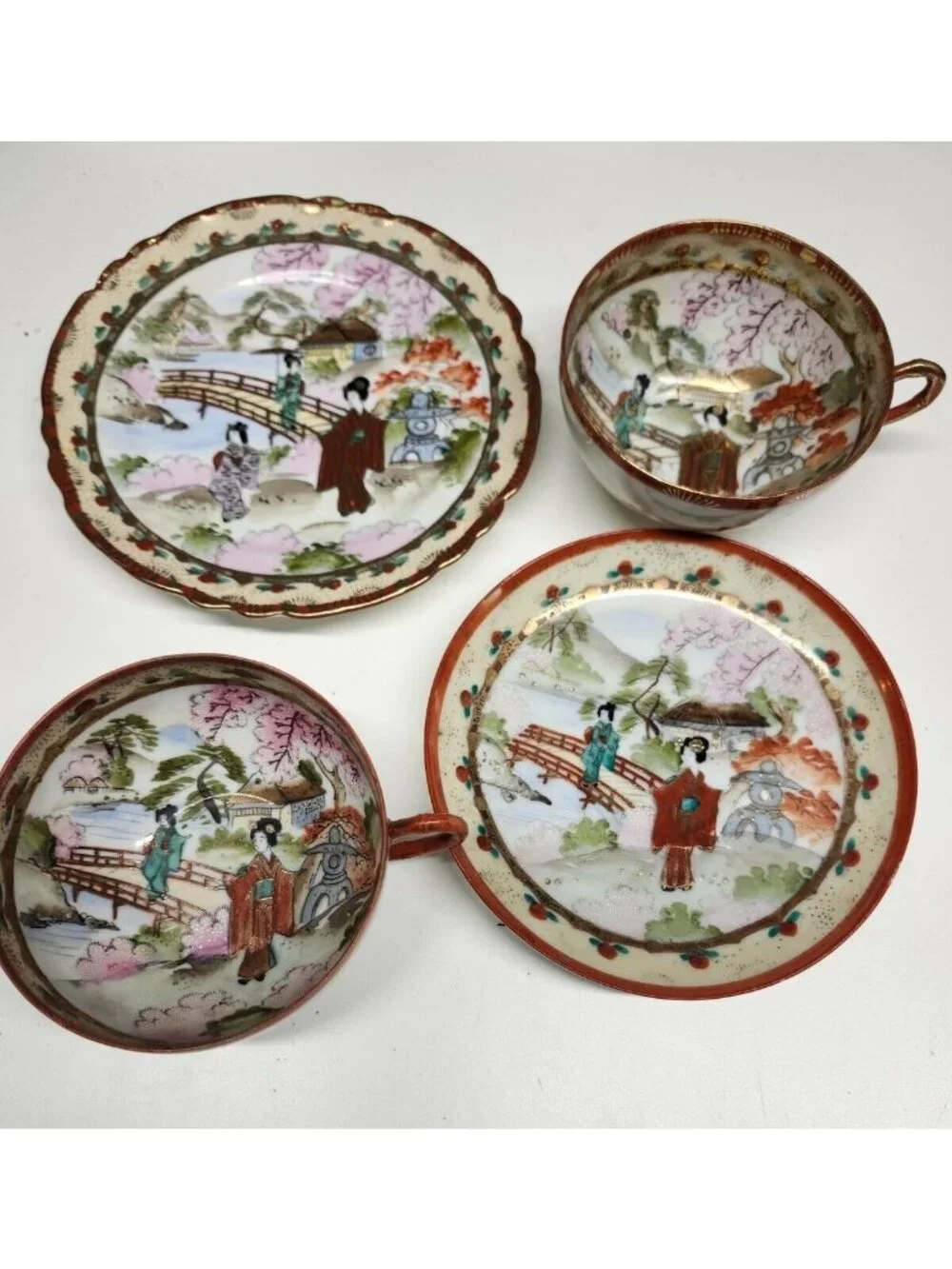 Japanese Moriage Porcelain Teacup & Plate Set Hand Painted Gorgeous Gold Gilt Vi